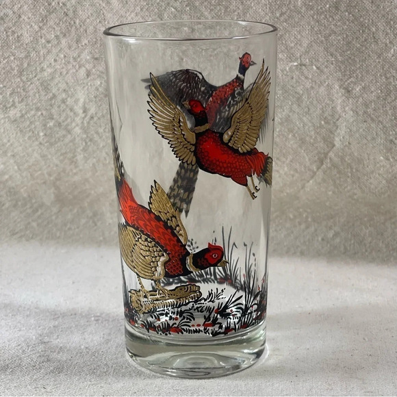 Vntg Libbey Highball Glass Red Ring Neck Pheasants Hunting Barware Game Bird - Picture 7 of 8